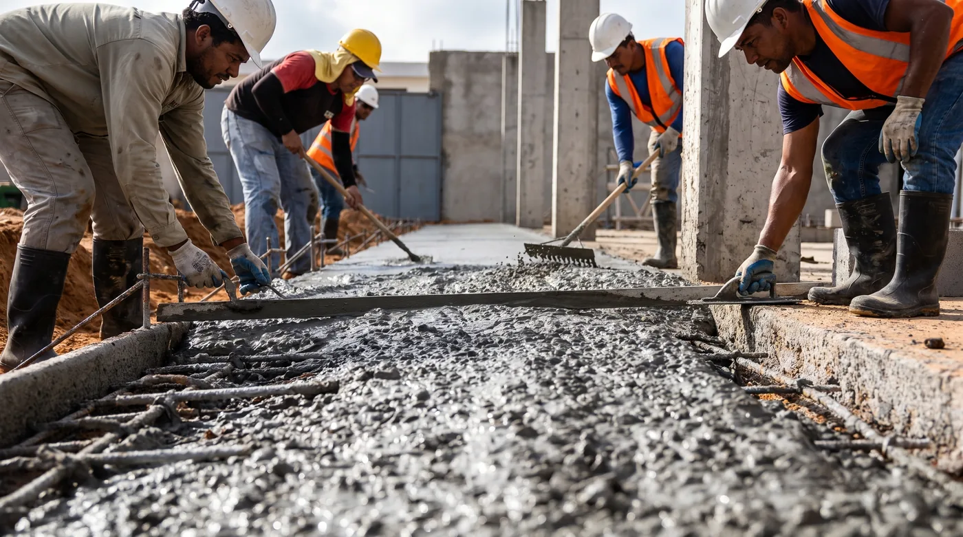 Cuadrilla vaciando concreto sobre acero de refuerzo